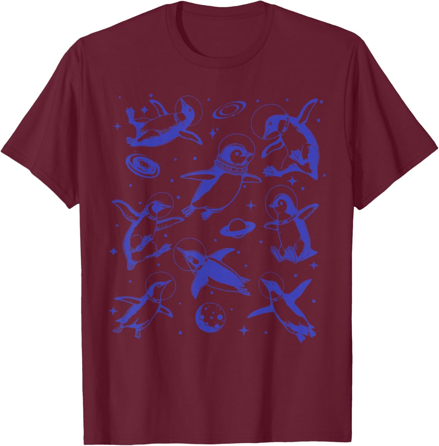 Retro Penguins In Space Astronaut Sea Animal Penguins Lover T-Shirt - T-Shirt | Maroon