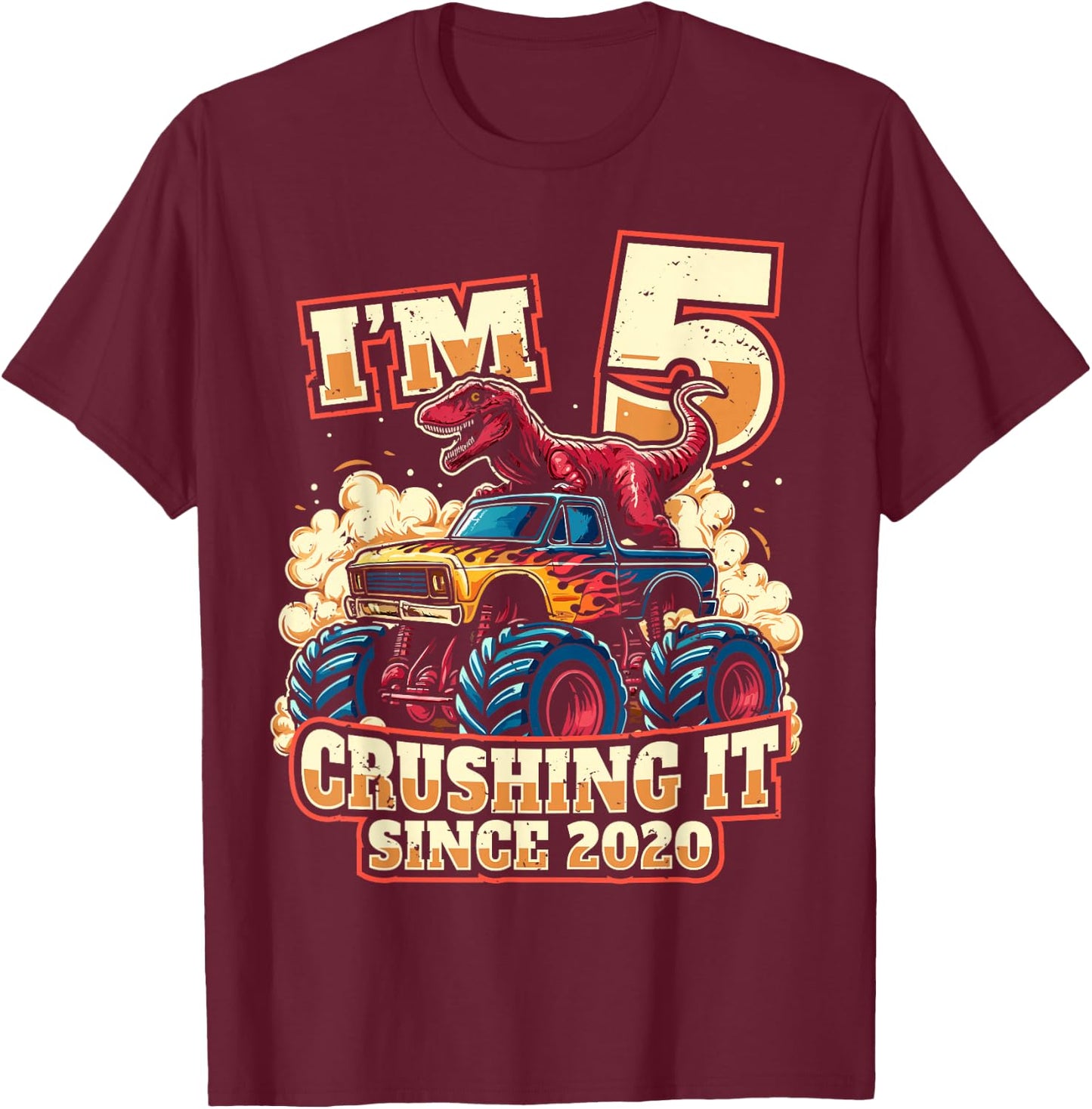 5 Year Old Boys 5th Birthday Dinosaur Monster Truck Party T-Shirt - T-Shirt | Maroon