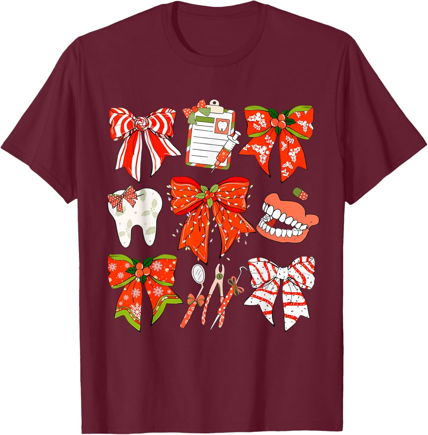 Coquette Bow Dental Christmas Dentist Dental Hygienist T-Shirt - T-Shirt | Maroon