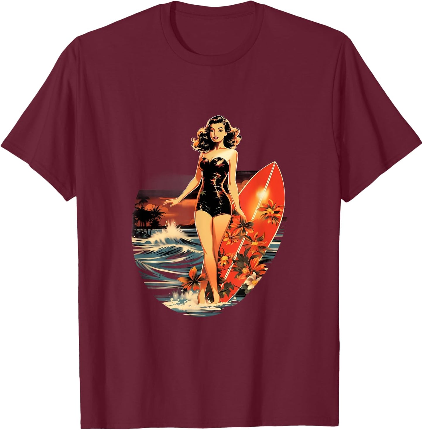 Pinup Girl Surfer Surfboarding Vintage T-Shirt - T-Shirt | Maroon