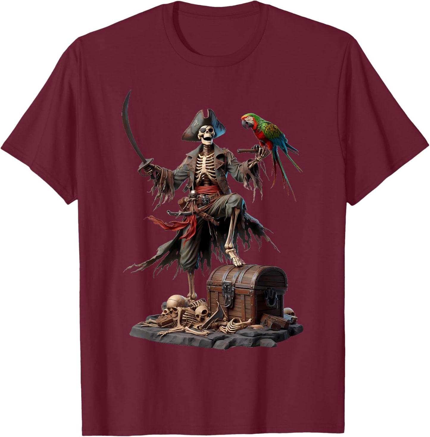 Skeleton Pirate Treasure Chest Parrot Ghostly Skull T-Shirt - T-Shirt | Maroon