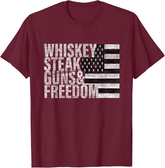 Whiskey Steak Guns & Freedom Flag T-Shirt - T-Shirt | Maroon