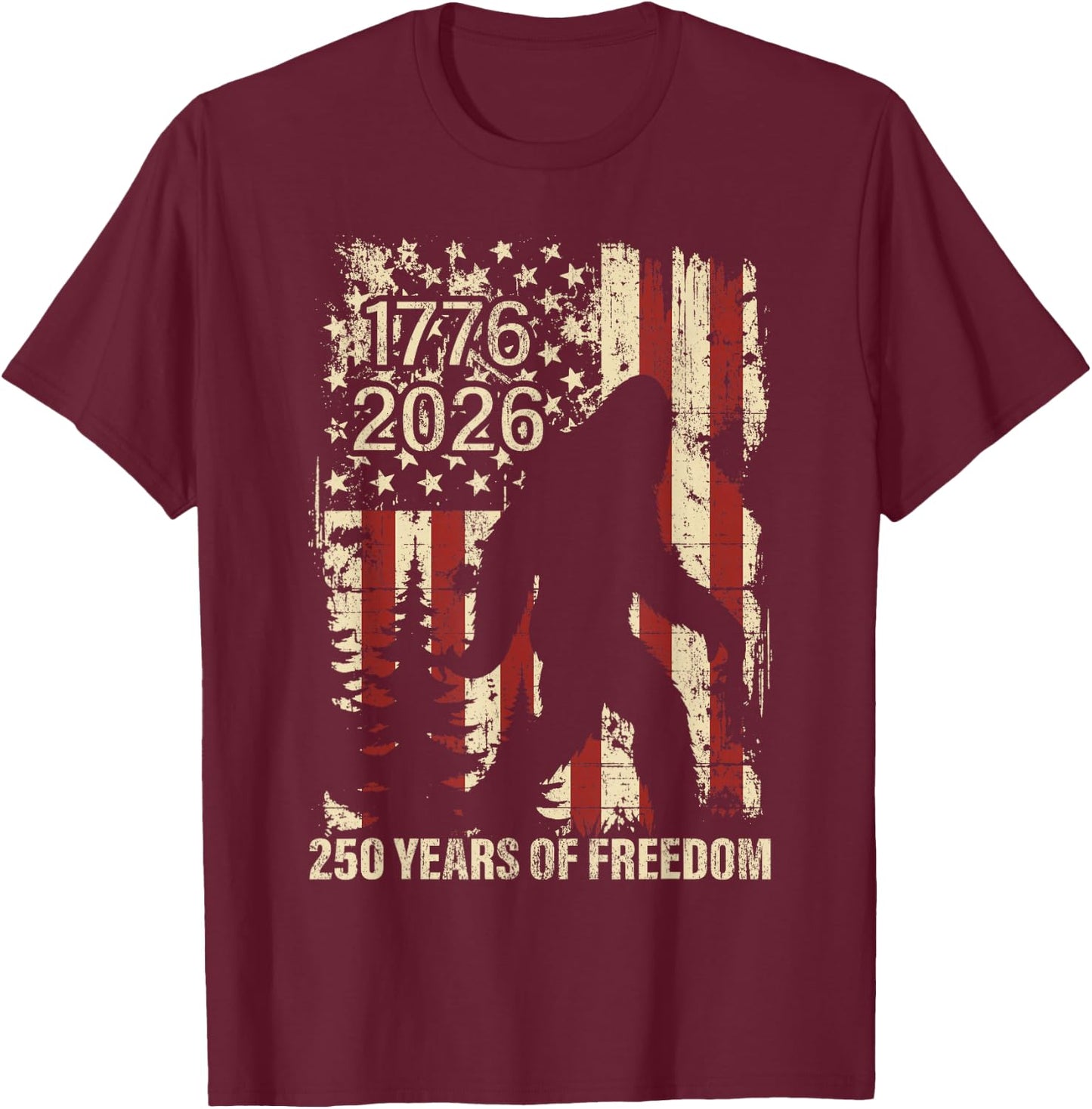 Big Foot Bigfoot Sasquatch American Flag Patriotic 4th July T-Shirt - T-Shirt | Maroon