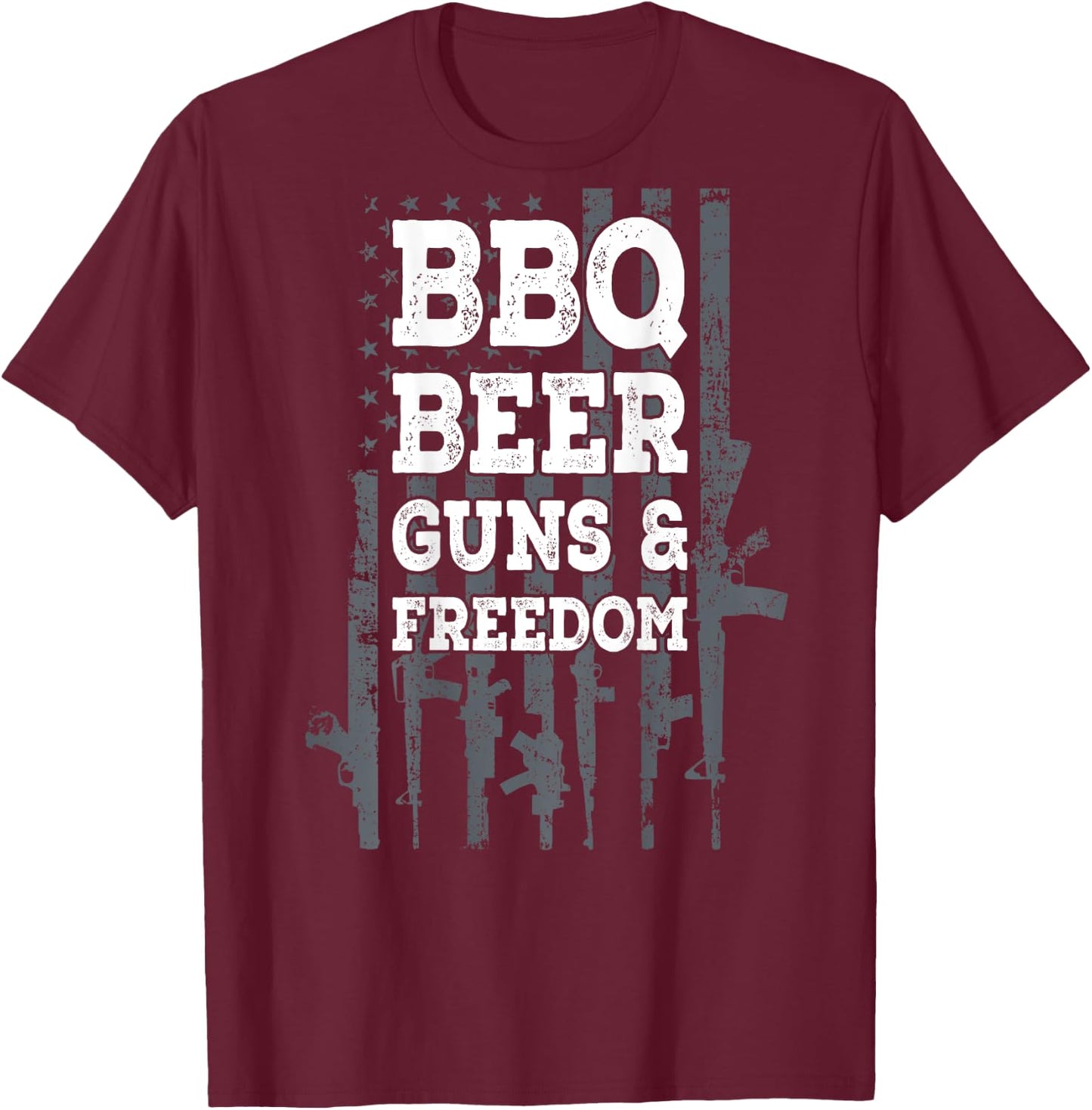 BBQ BEER GUNS & FREEDOM - USA Flag BBQ Drinking Gun ON BACK Men T-Shirt - T-Shirt | Maroon