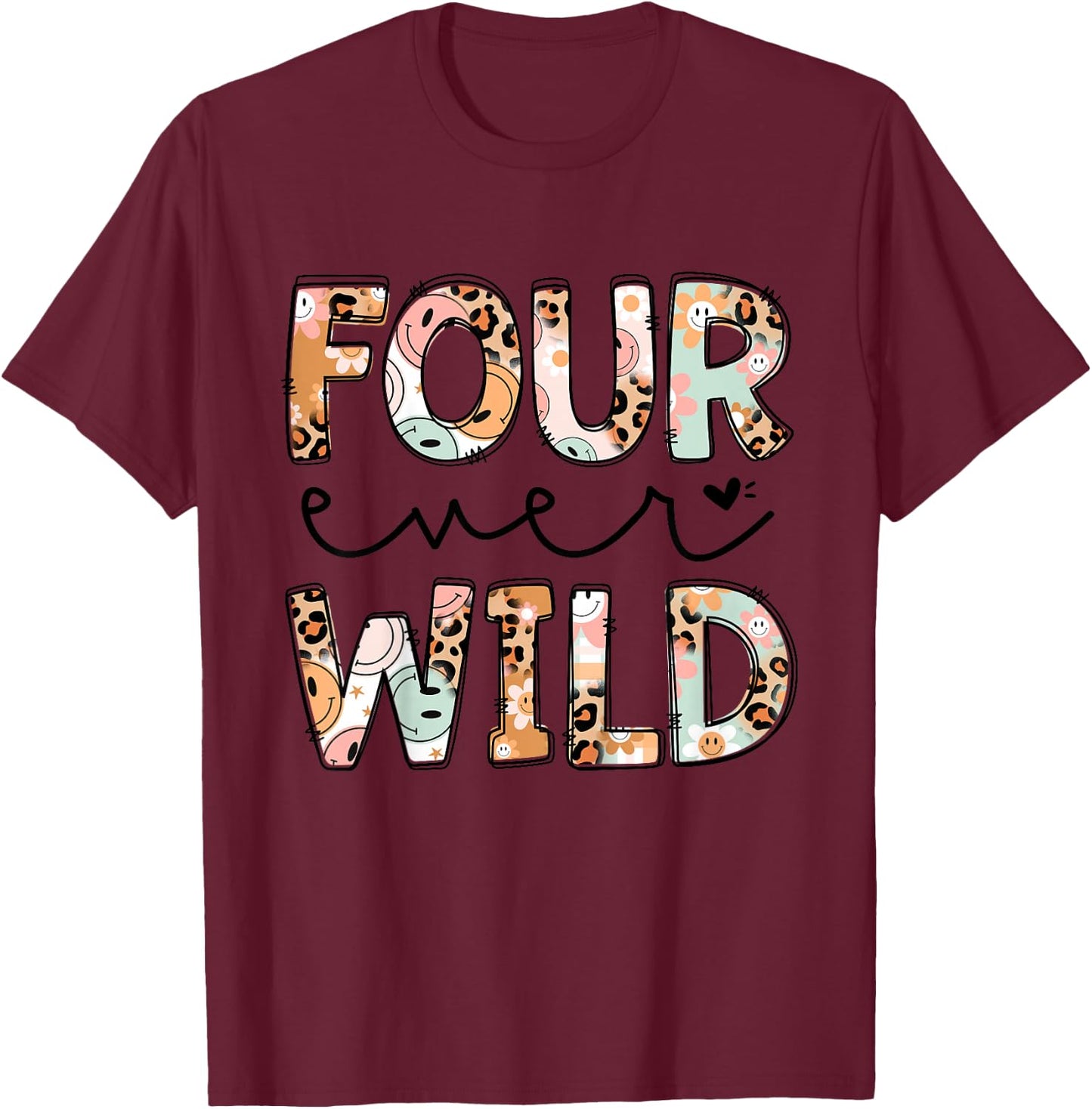 Leopard Girl 4th Birthday Four Ever Wild 4 Year Old Awesome T-Shirt - T-Shirt | Maroon