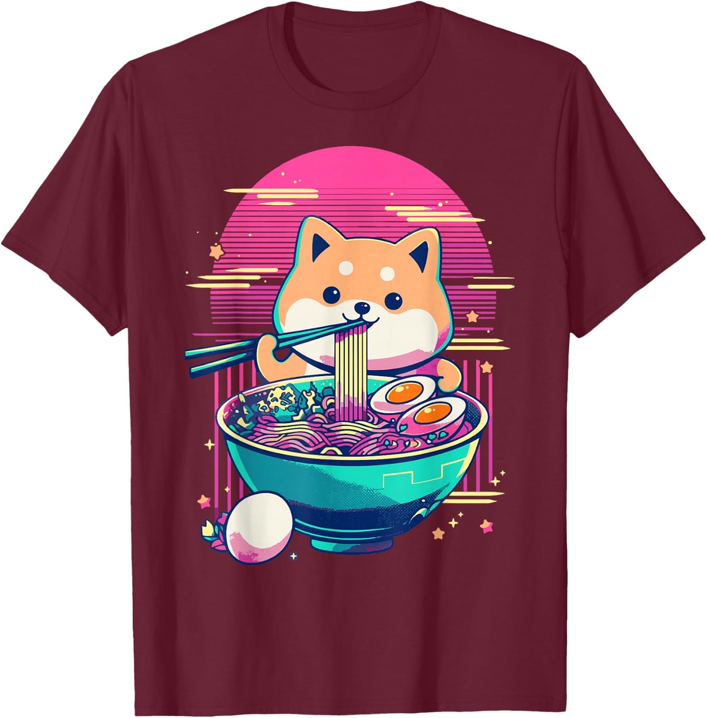 Anime Shiba Inu Eating Ramen Japanese Ramen Japan T-Shirt - T-Shirt | Maroon