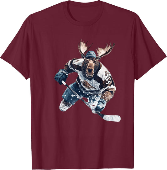 Moose Playing Hockey Humorous Sports T-Shirt - T-Shirt | Maroon