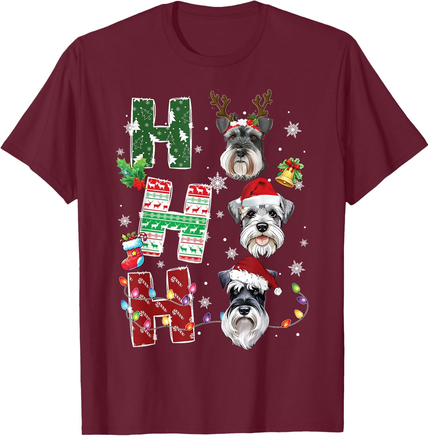 Ho Ho Ho Miniature Schnauzer Christmas Dogs Costume Pajamas T-Shirt - T-Shirt | Maroon
