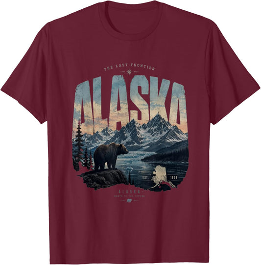 Alaska Vintage Grizzly Bear The Last Frontier Retro T-Shirt - T-Shirt | Maroon