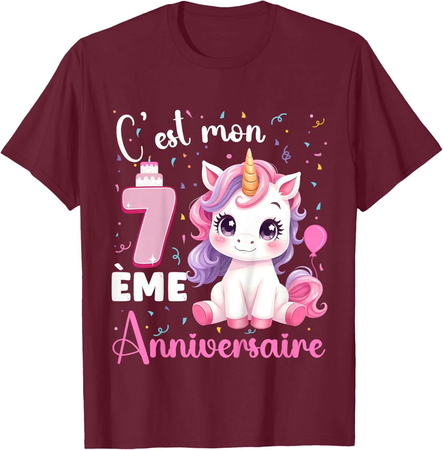 Enfant C'est Mon 7 ème Anniversaire Unicorn Birthday 7 Years , Black, 2 T-Shirt - T-Shirt | Maroon
