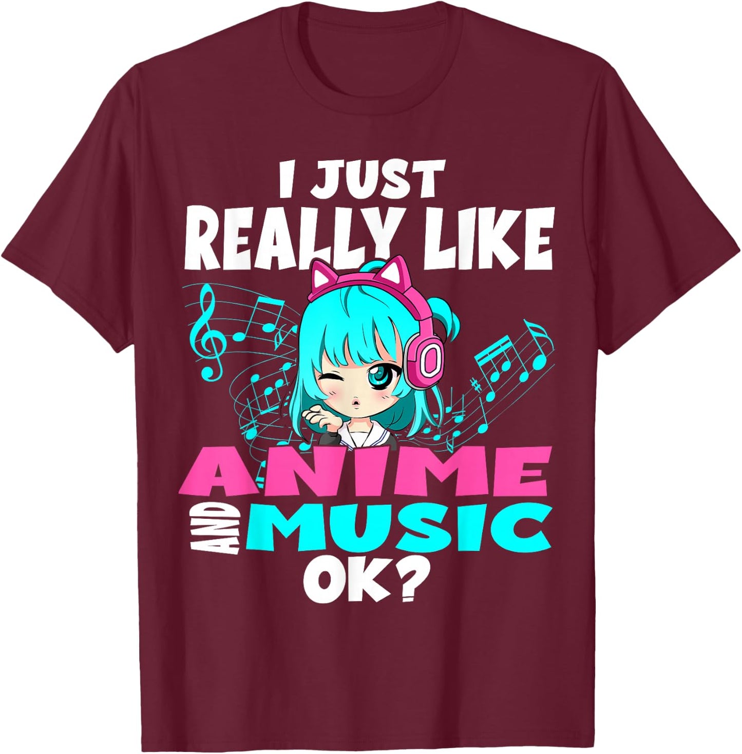 Anime and Music Kawaii Chibi Graphic Teen Anime Girl T-Shirt - T-Shirt | Maroon