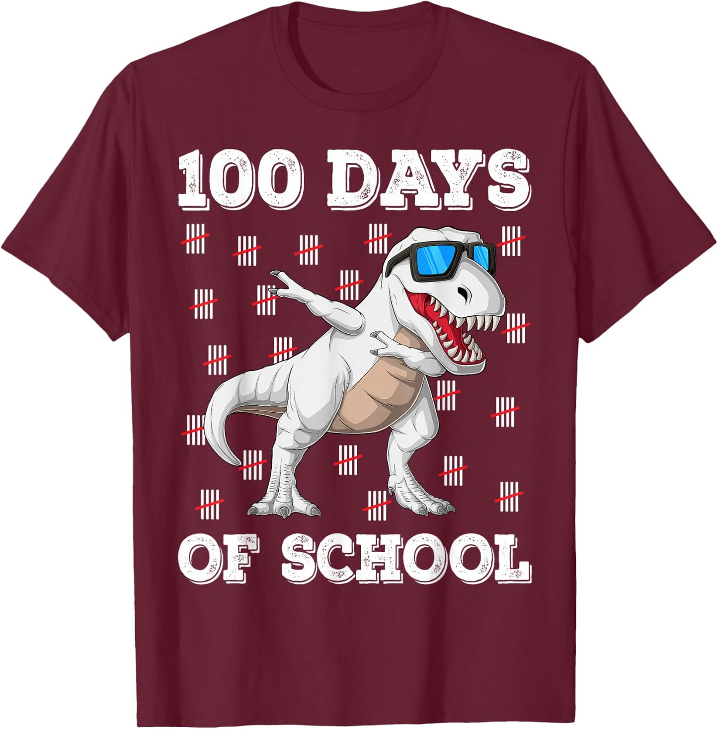 100th Day of School Kids Boys 100 Days of School T-Rex T-Shirt - T-Shirt | Maroon
