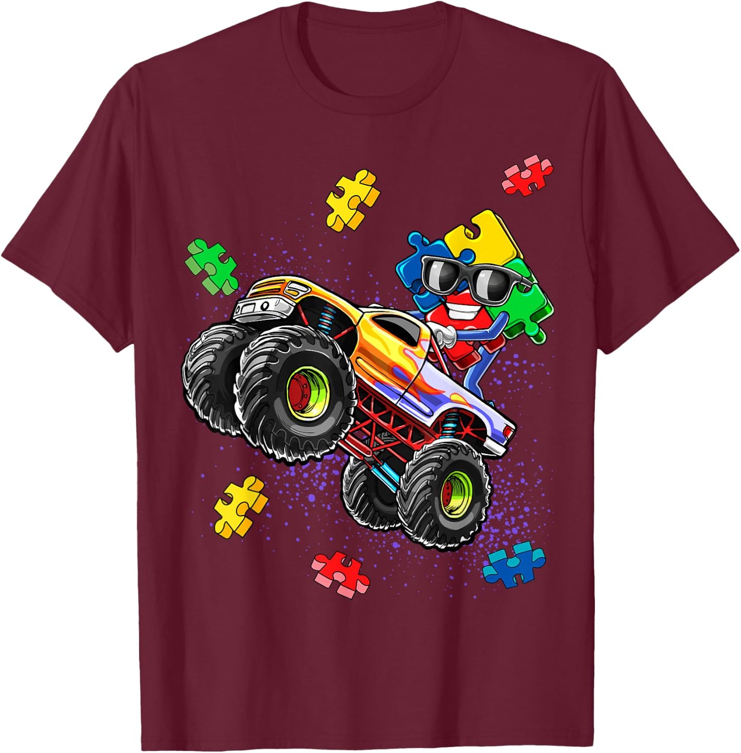 Monster Truck Autism Awareness Puzzle Piece Gift Boys T-Shirt - T-Shirt | Maroon