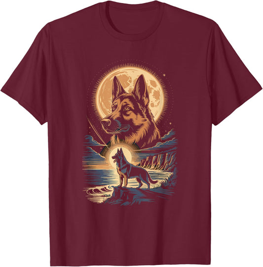 Moonlit Coast German Shepherd Night T-Shirt - T-Shirt | Maroon