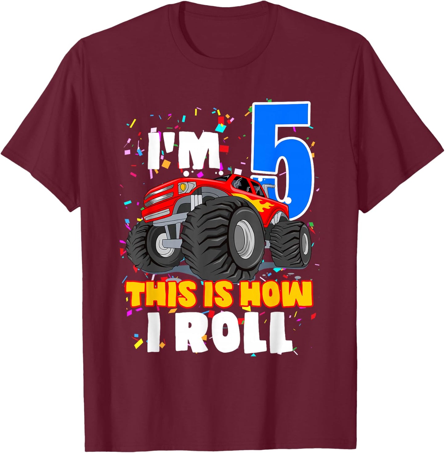 Boys 5 Years Old 5th Birthday Boy Monster Truck Offroad Party T-Shirt - T-Shirt | Maroon