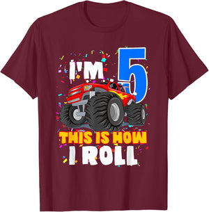 Boys 5 Years Old 5th Birthday Boy Monster Truck Offroad Party T-Shirt - T-Shirt | Maroon