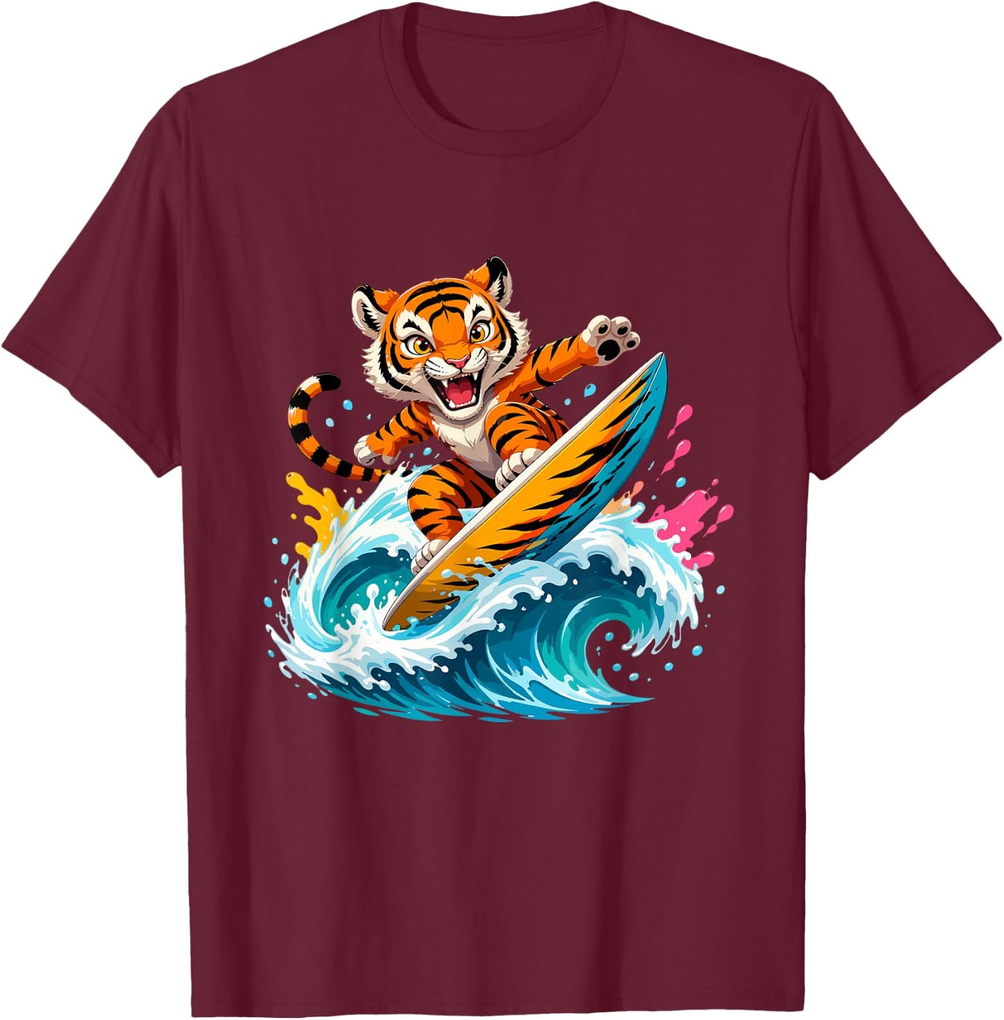 Cartoon Tiger Surfer Riding Big Ocean Wave T-Shirt - T-Shirt | Maroon
