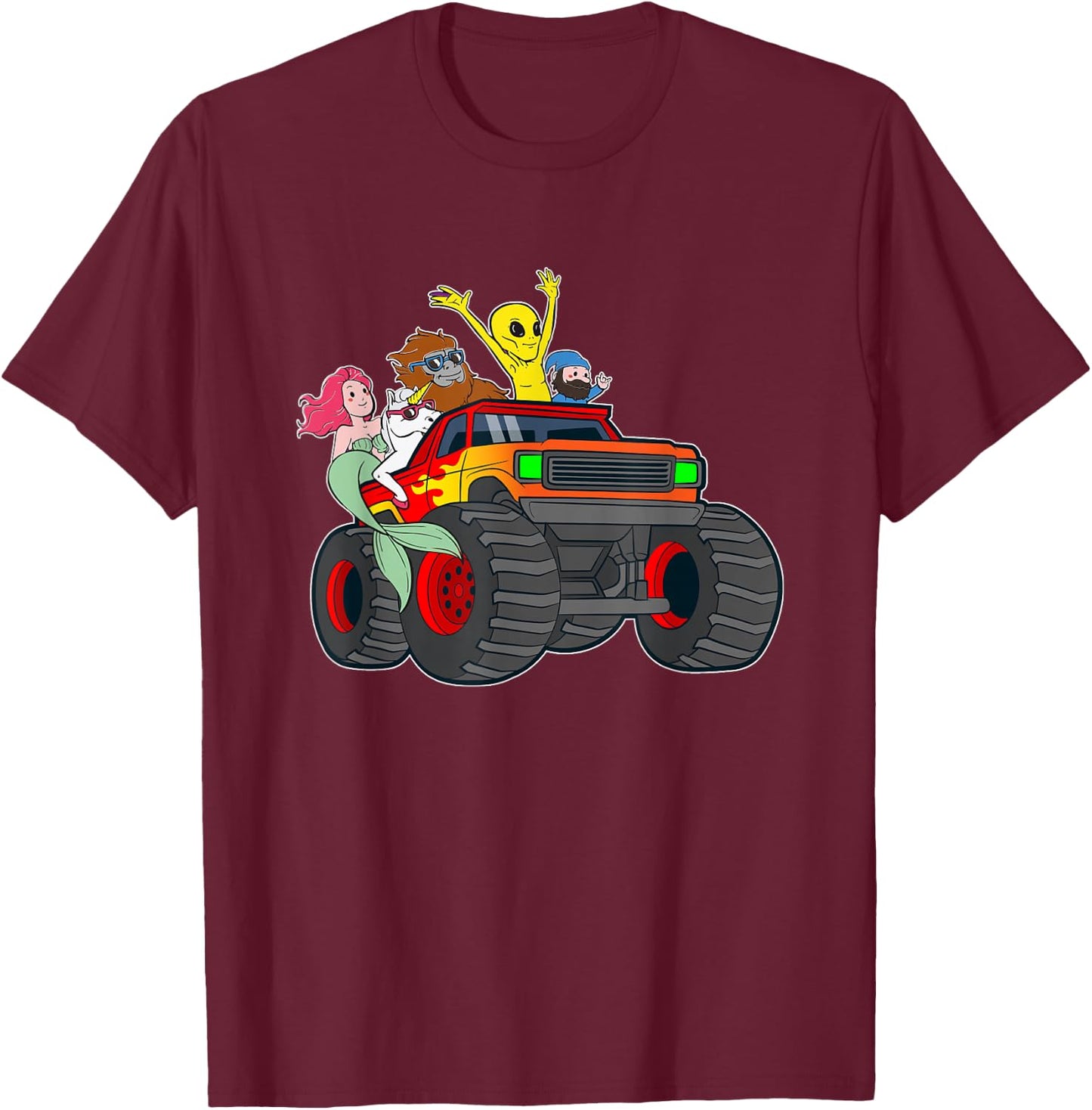 Alien Bigfoot Unicorn Mermaid Cryptid Monster Truck T-Shirt - T-Shirt | Maroon