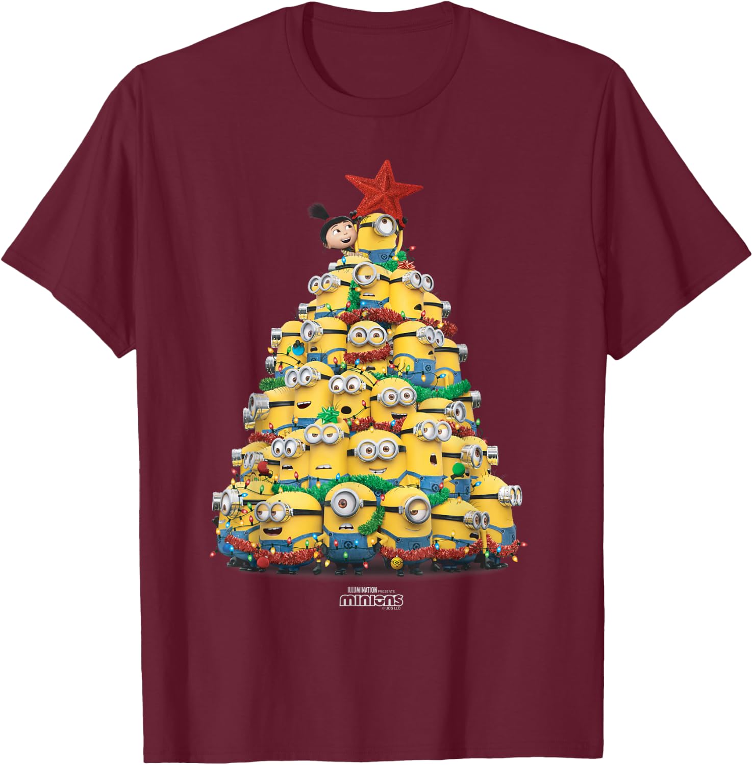 Minions Christmas Tree , black T-Shirt - T-Shirt | Maroon