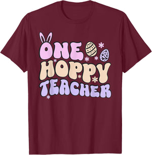 Teacher Easter Day Men Women Store Co. Retro Easter Teacher Cute Women's One Hoppy Teacher T-Shirt - T-Shirt | Maroon