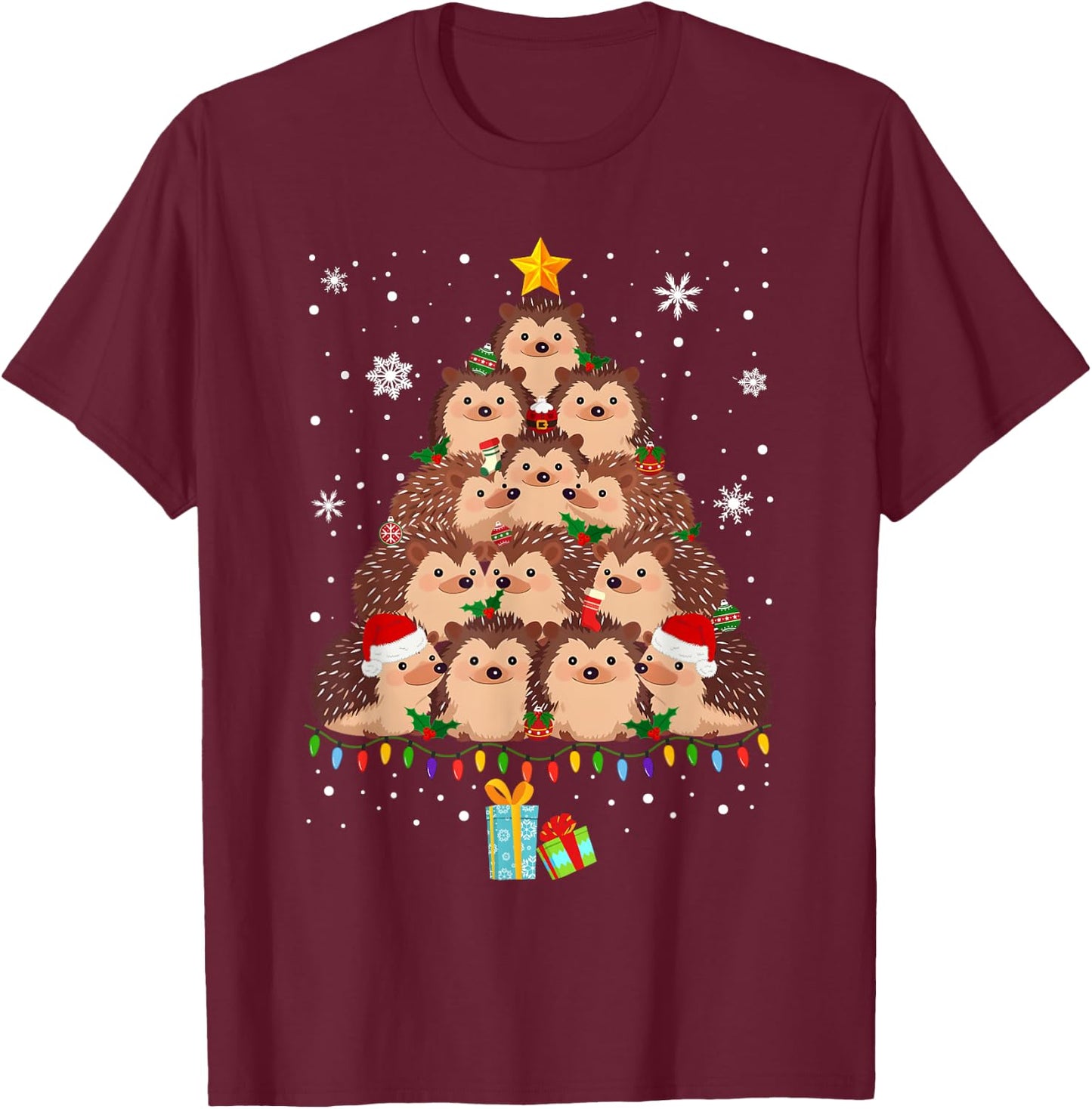 Cute Hedgehog Christmas Tree Funny Pajamas Xmas for Family T-Shirt - T-Shirt | Maroon