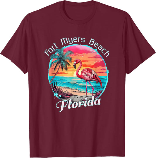 Fort Myers Beach Florida Beach Flamingo Tropical Souvenir T-Shirt - T-Shirt | Maroon