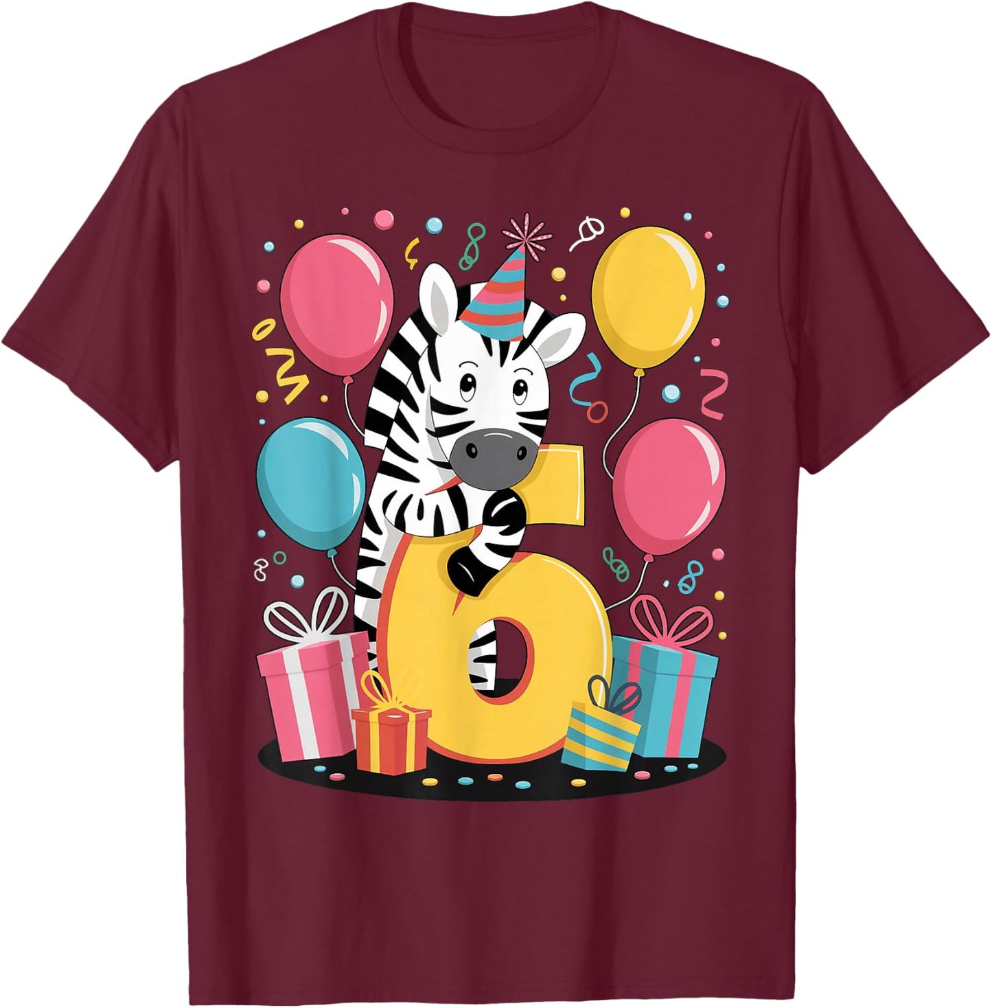 Zebra 6th Birthday Boys Girls 6 Years Sixth Sixth Zebra T-Shirt - T-Shirt | Maroon