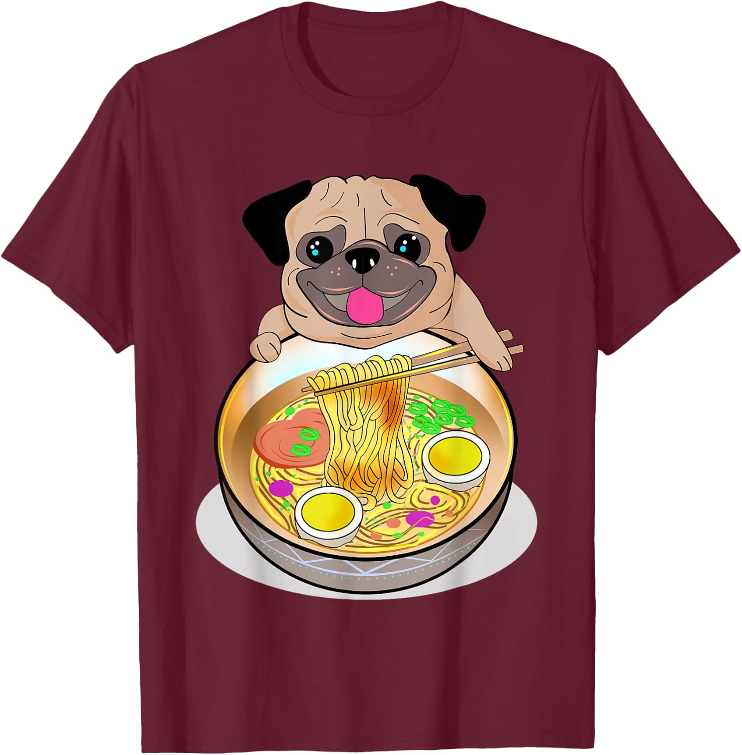 Ramen Noodles Pug Dog Lover Kawaii Japanese Anime Gift T-Shirt - T-Shirt | Maroon
