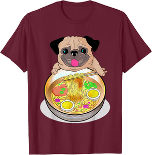 Ramen Noodles Pug Dog Lover Kawaii Japanese Anime Gift T-Shirt - T-Shirt | Maroon