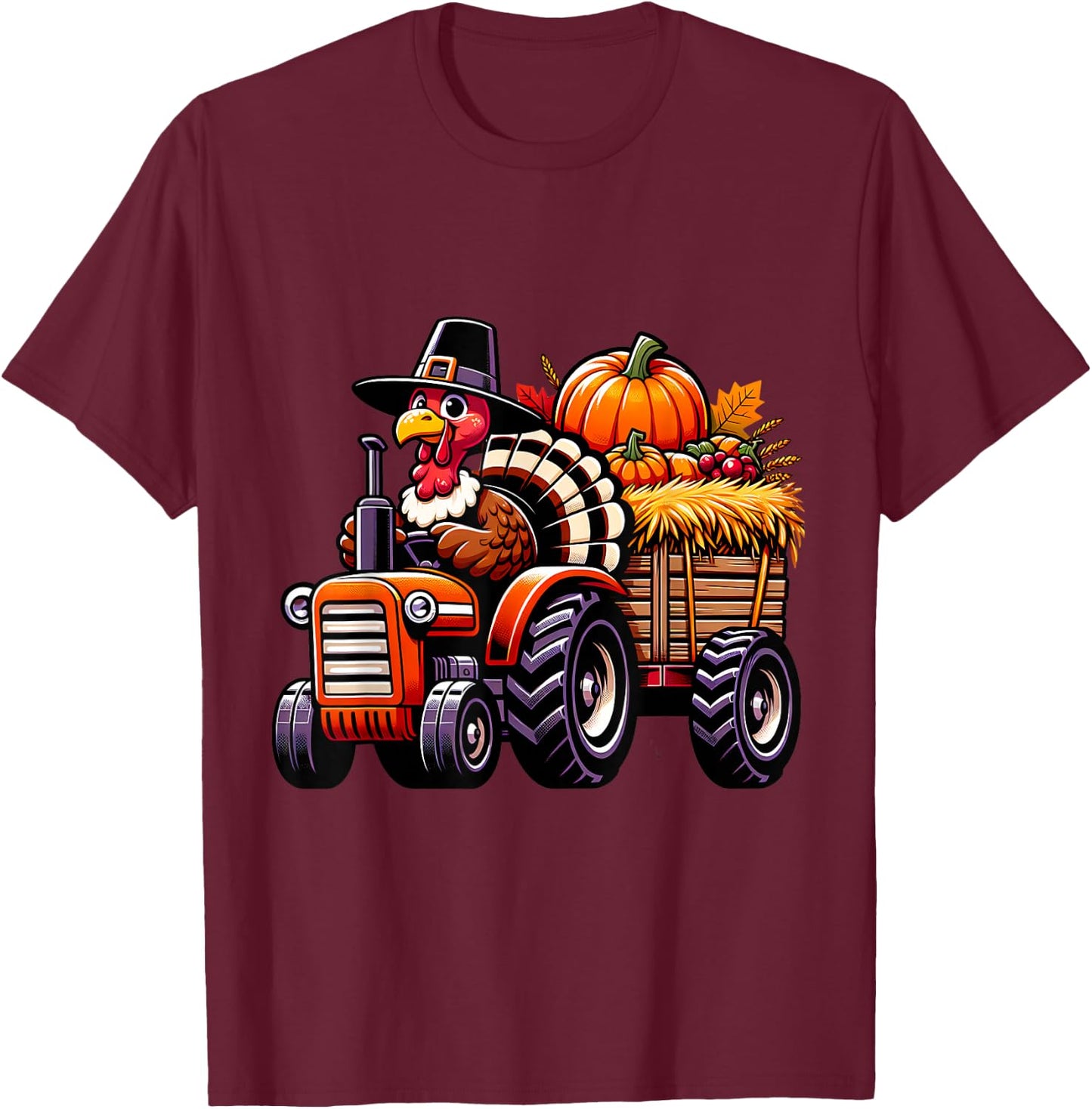 Turkey And Tractors Boys Kids Girls Thanksgiving Hayride T-Shirt - T-Shirt | Maroon