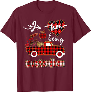 I Love Being Custodian Plaid Truck Hearts Valentine's Day T-Shirt - T-Shirt | Maroon