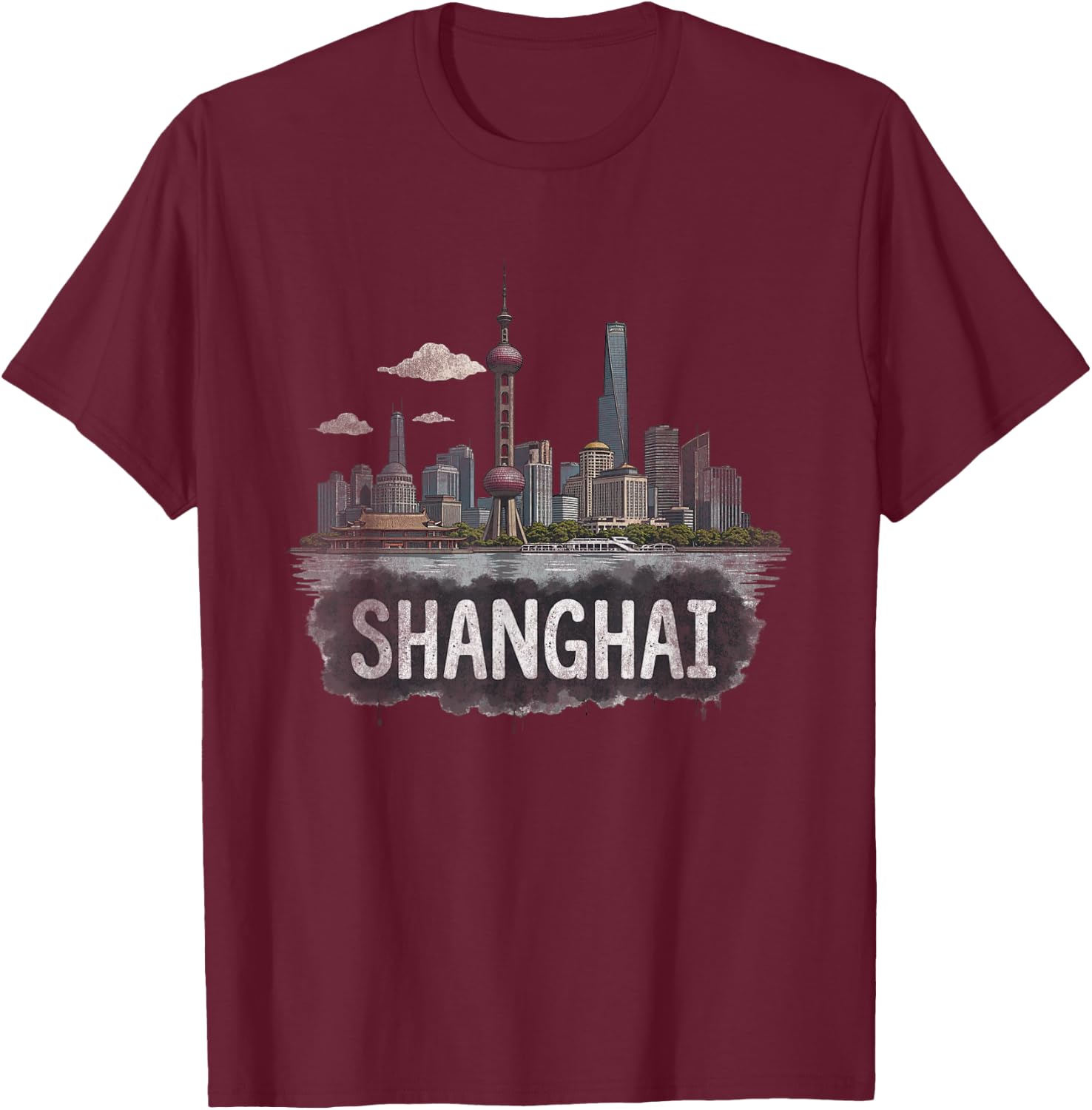 Retro Souvenir Shanghai Landscape , Black, S T-Shirt - T-Shirt | Maroon