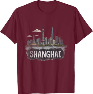 Retro Souvenir Shanghai Landscape , Black, S T-Shirt - T-Shirt | Maroon