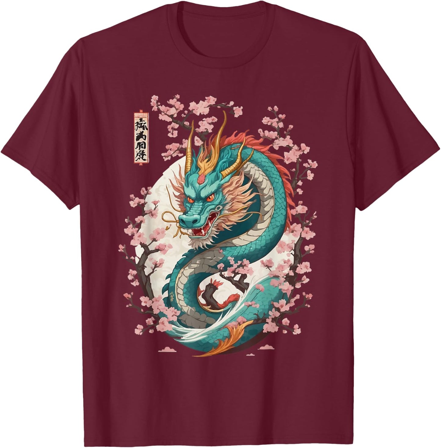 Aesthetic Dragon Streetwear Japanese Cherry Blossom , black T-Shirt - T-Shirt | Maroon