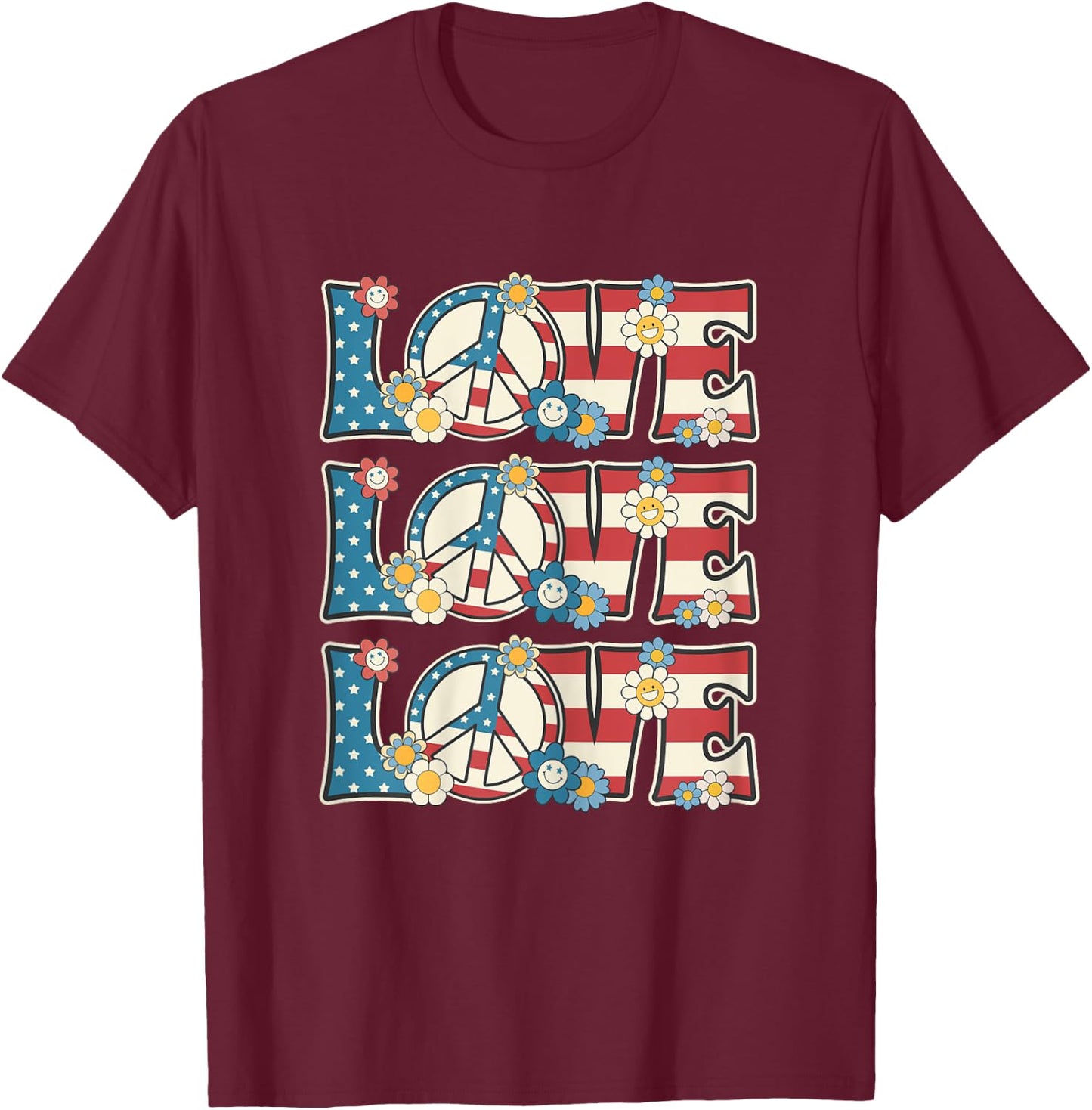 Peace Love Women Girls 60s 70s Hippie Outfit Patriotic Hippy T-Shirt - T-Shirt | Maroon