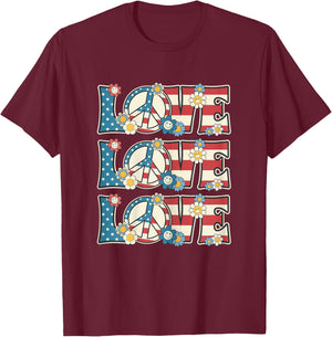 Peace Love Women Girls 60s 70s Hippie Outfit Patriotic Hippy T-Shirt - T-Shirt | Maroon