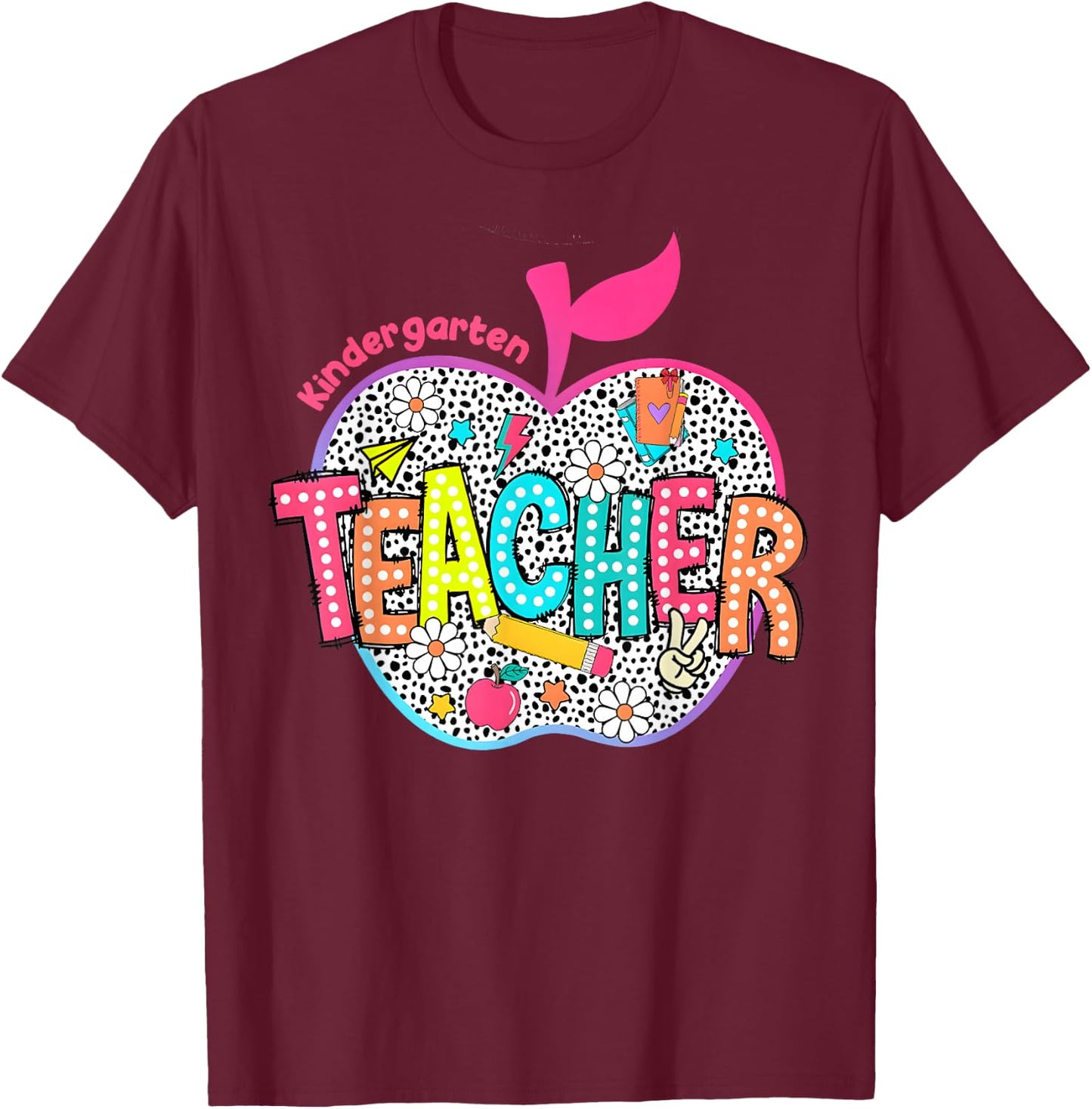 Kindergarten Teacher Retro Groovy Style Back To School T-Shirt - T-Shirt | Maroon