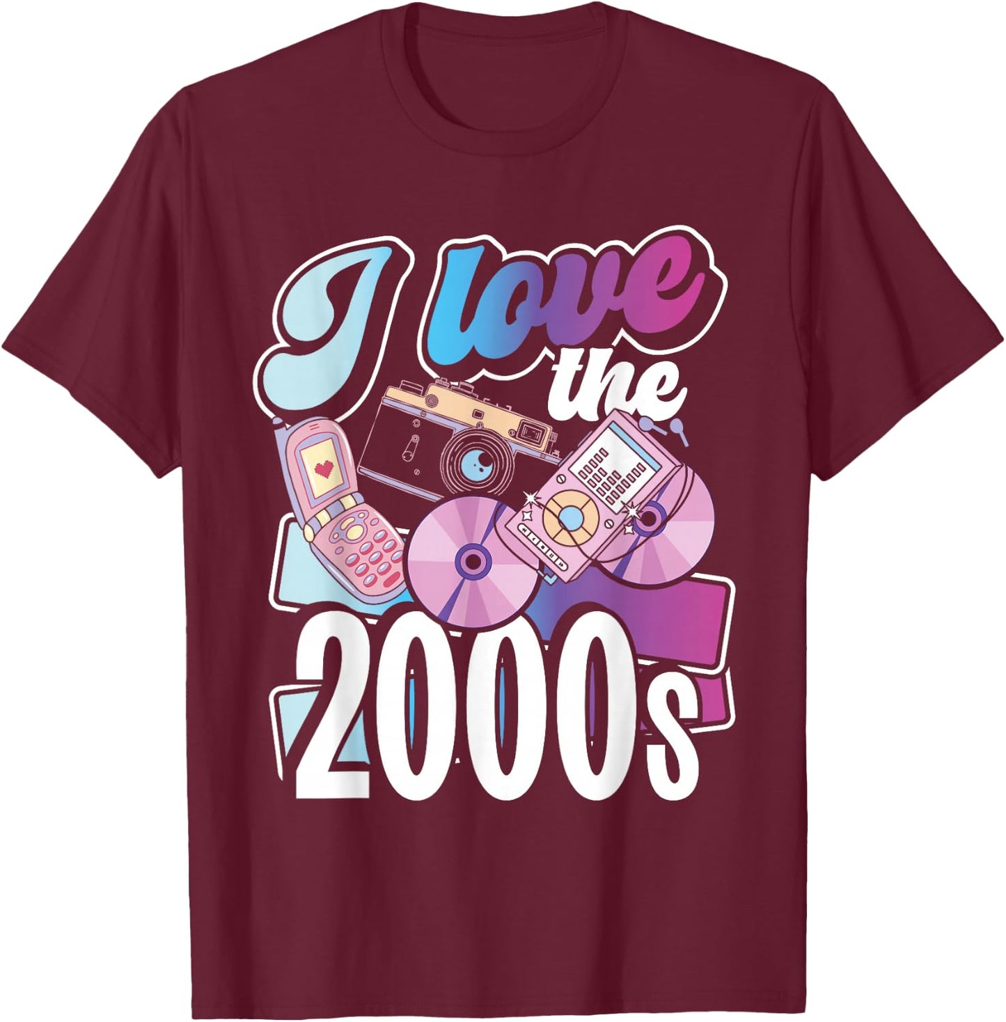2000er Jahre Flip Phones Und Tech Designs I Love The 2000s Black Small -Adults Regular Fit Short Sleeve Cotton 60% Polyester 40% Novelty Retro 2000s Nostalgia T-Shirt - T-Shirt | Maroon