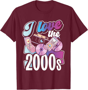 2000er Jahre Flip Phones Und Tech Designs I Love The 2000s Black Small -Adults Regular Fit Short Sleeve Cotton 60% Polyester 40% Novelty Retro 2000s Nostalgia T-Shirt - T-Shirt | Maroon