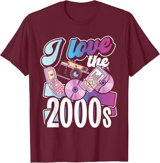 2000er Jahre Flip Phones Und Tech Designs I Love The 2000s Black Small -Adults Regular Fit Short Sleeve Cotton 60% Polyester 40% Novelty Retro 2000s Nostalgia T-Shirt - T-Shirt | Maroon