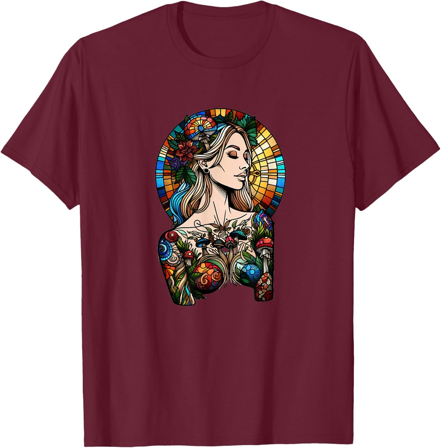 Stained Glass Forest Woman - Tiffany Inspired T-Shirt - T-Shirt | Maroon