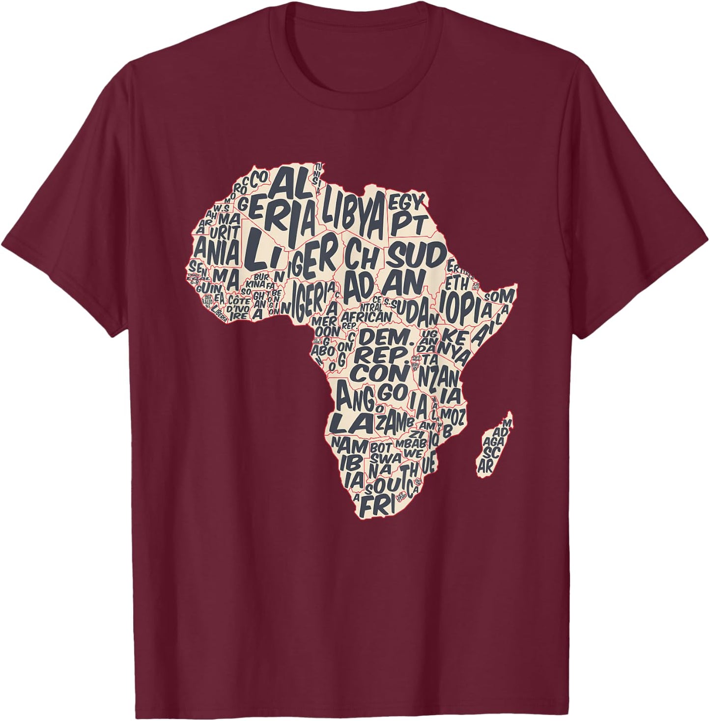 African countries Map in Typography, country names of Africa T-Shirt - T-Shirt | Maroon