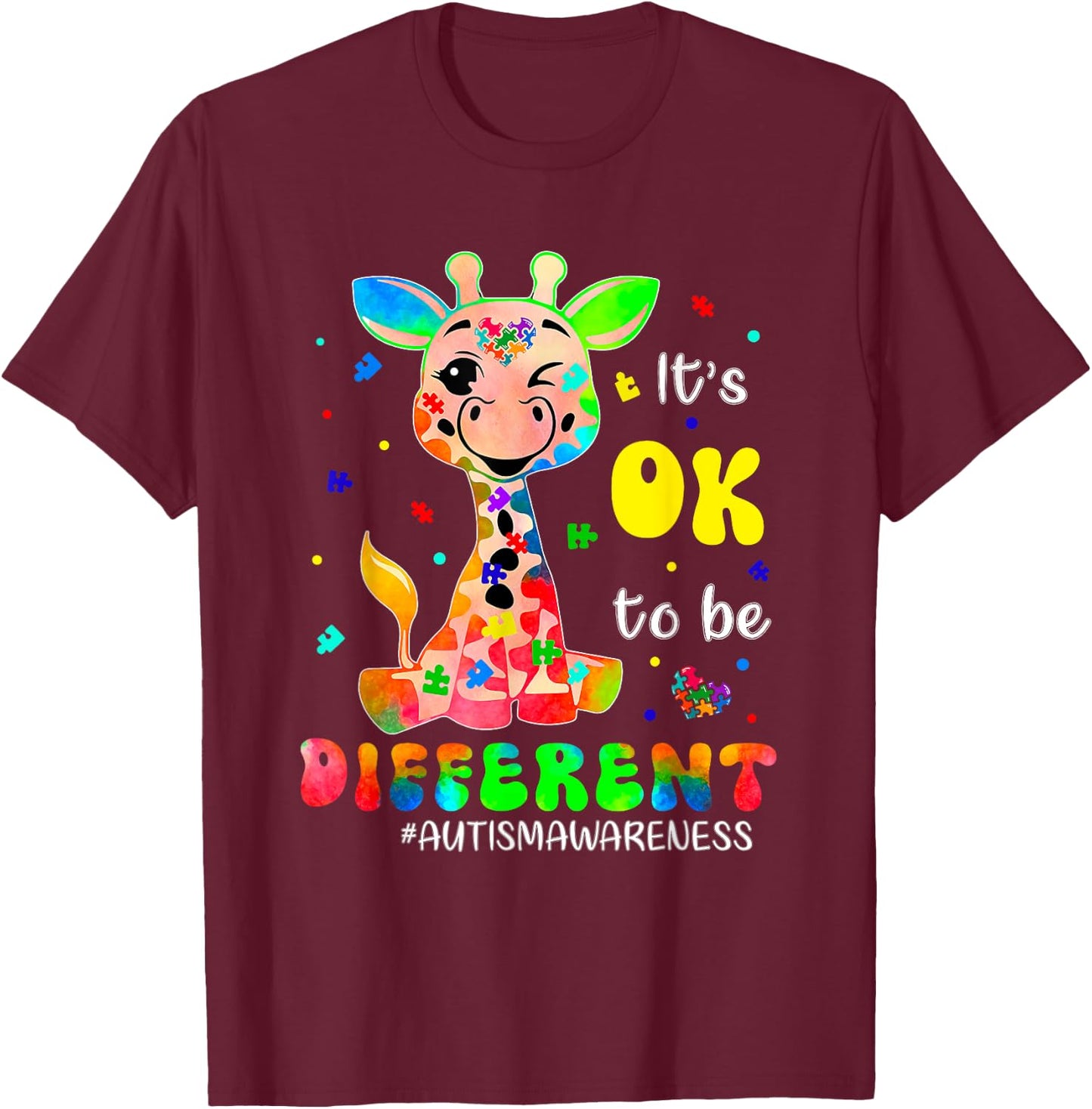 Autism Awareness Cute Giraffe Animal Its Ok To Be Different T-Shirt - T-Shirt | Maroon