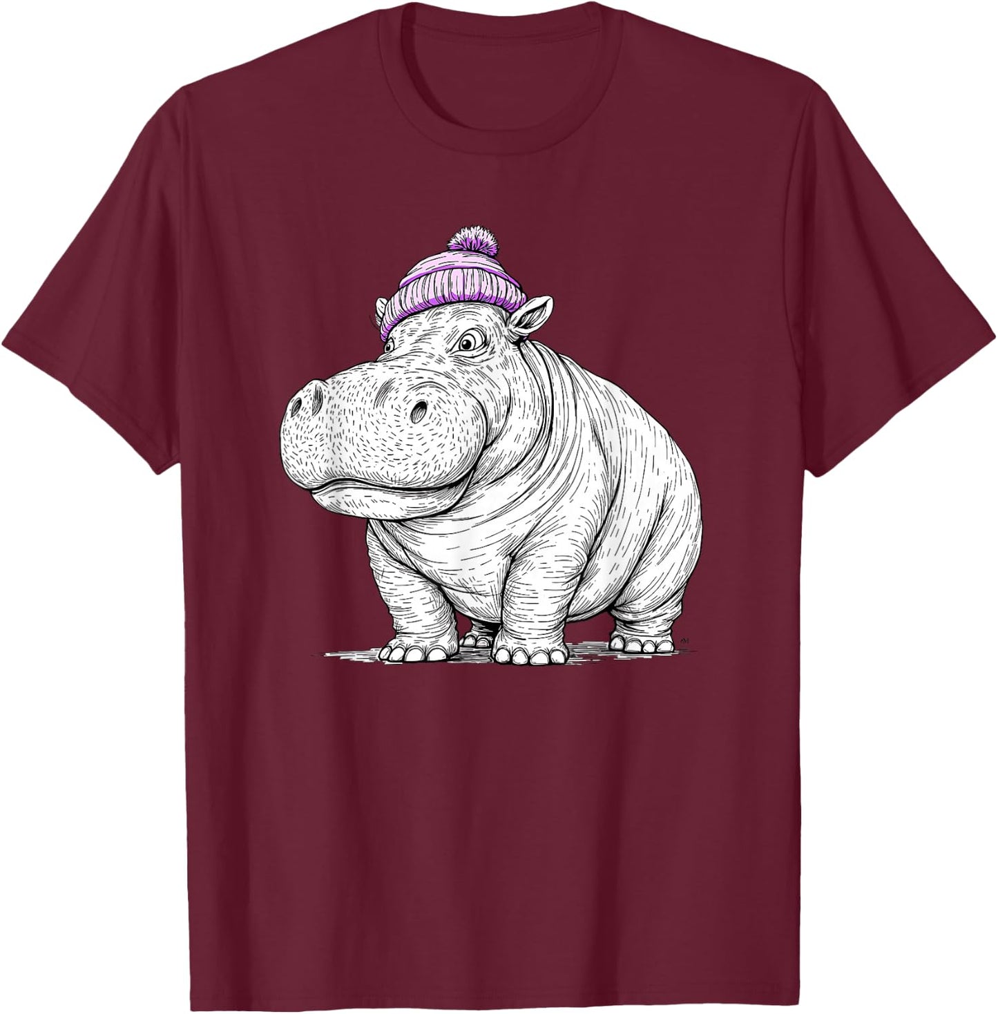Hippo Wearing a Beanie Stocking Hat Cute Animal Design T-Shirt - T-Shirt | Maroon