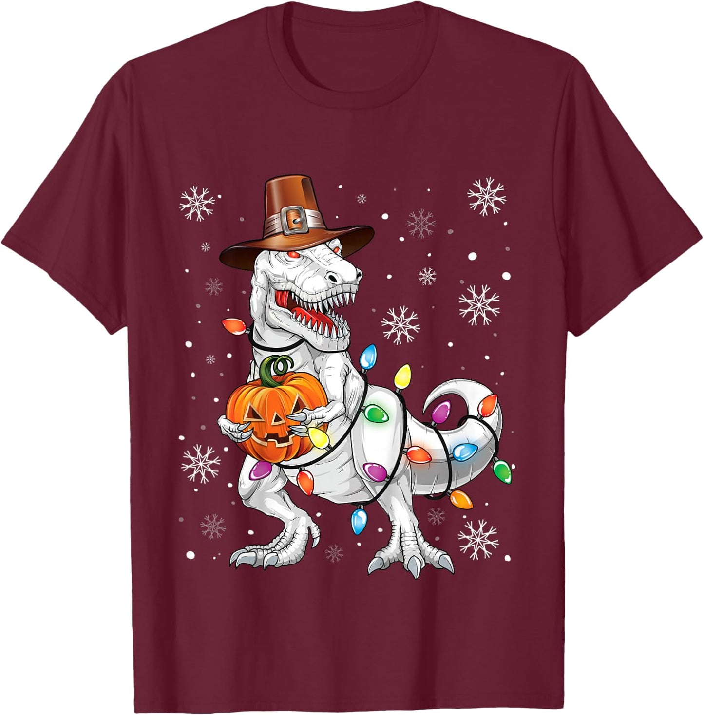 Kids Halloween Thanksgiving Christmas Hallothanksmas Dinosaur T-Shirt - T-Shirt | Maroon