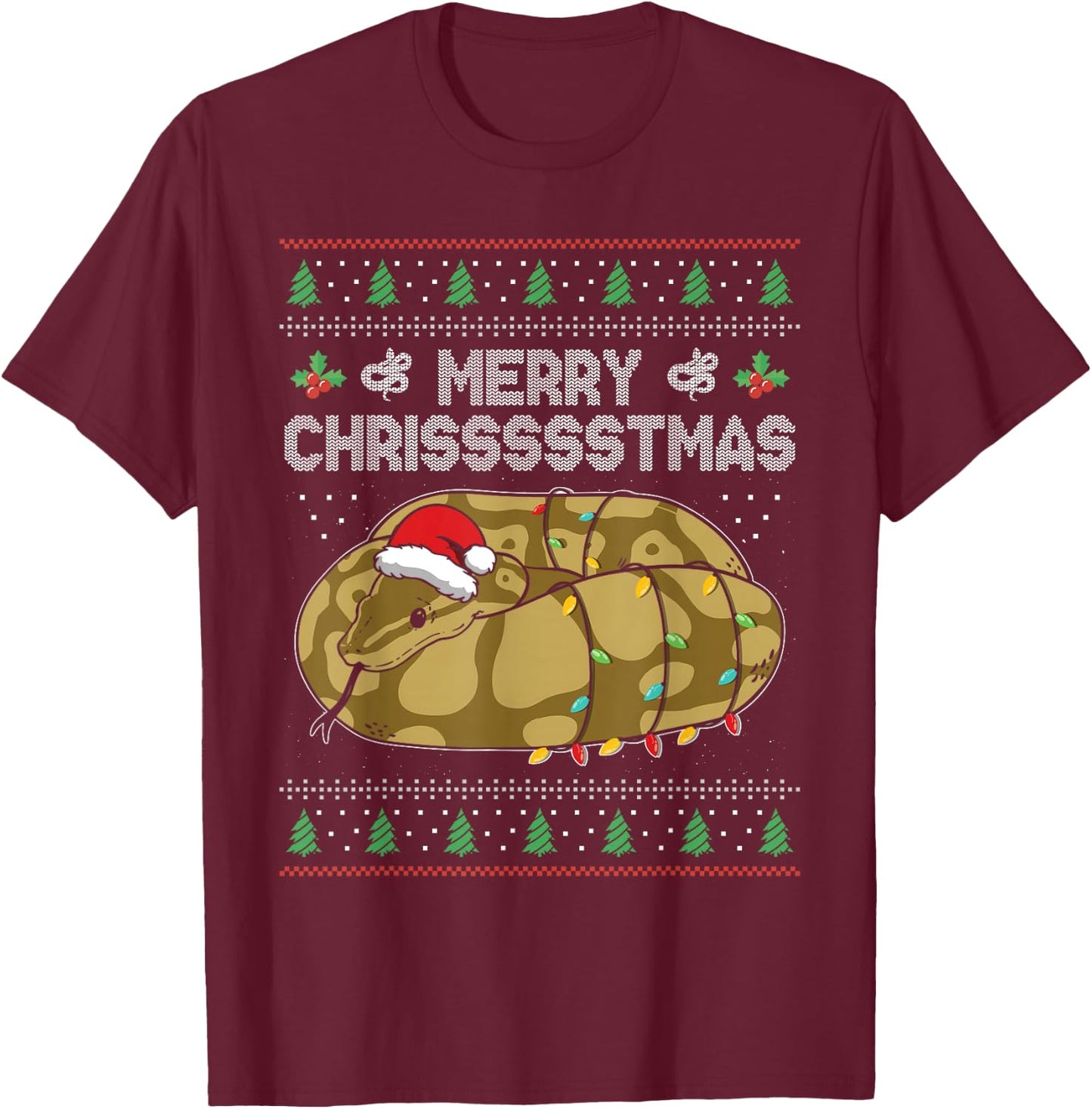 Merry Chrissssstmas Santa Hat Snake Reptile Christmas T-Shirt - T-Shirt | Maroon