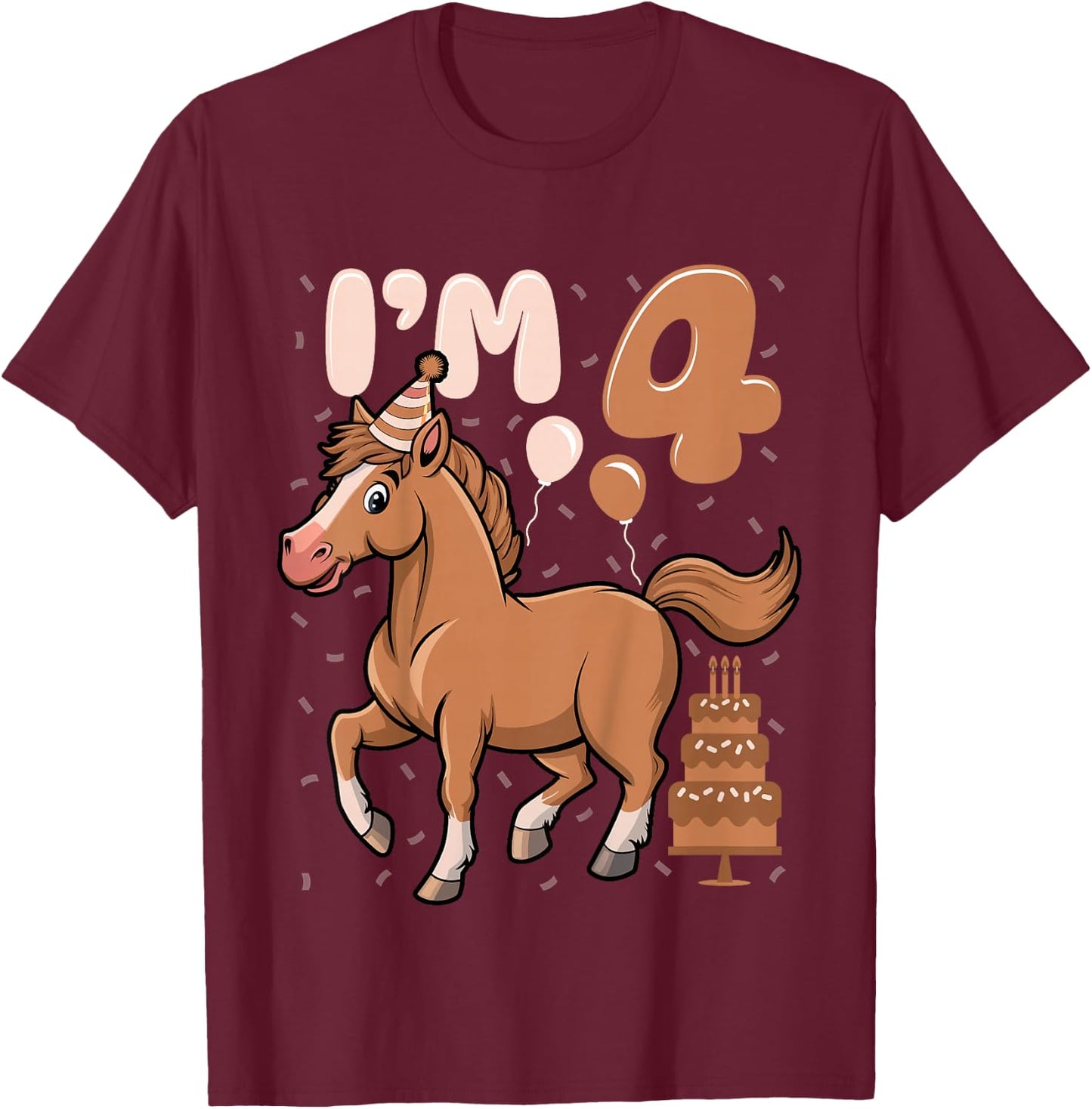 Kids I'm 4 Cute Horse Kids Four Years Old 4th Birthday Party T-Shirt - T-Shirt | Maroon