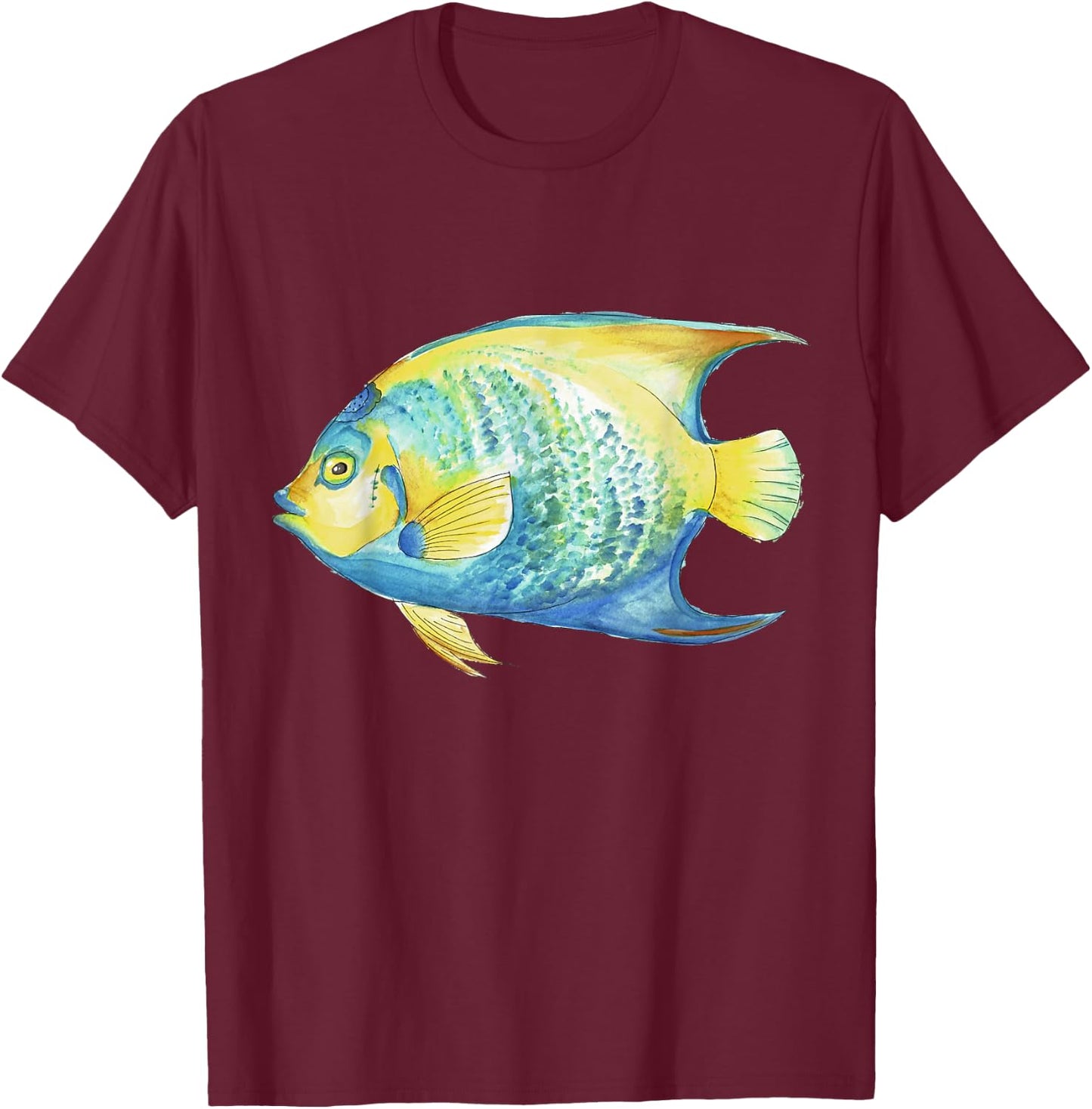 Tropical Blue Queen Angelfish Aquarium Watercolor T-Shirt - T-Shirt | Maroon
