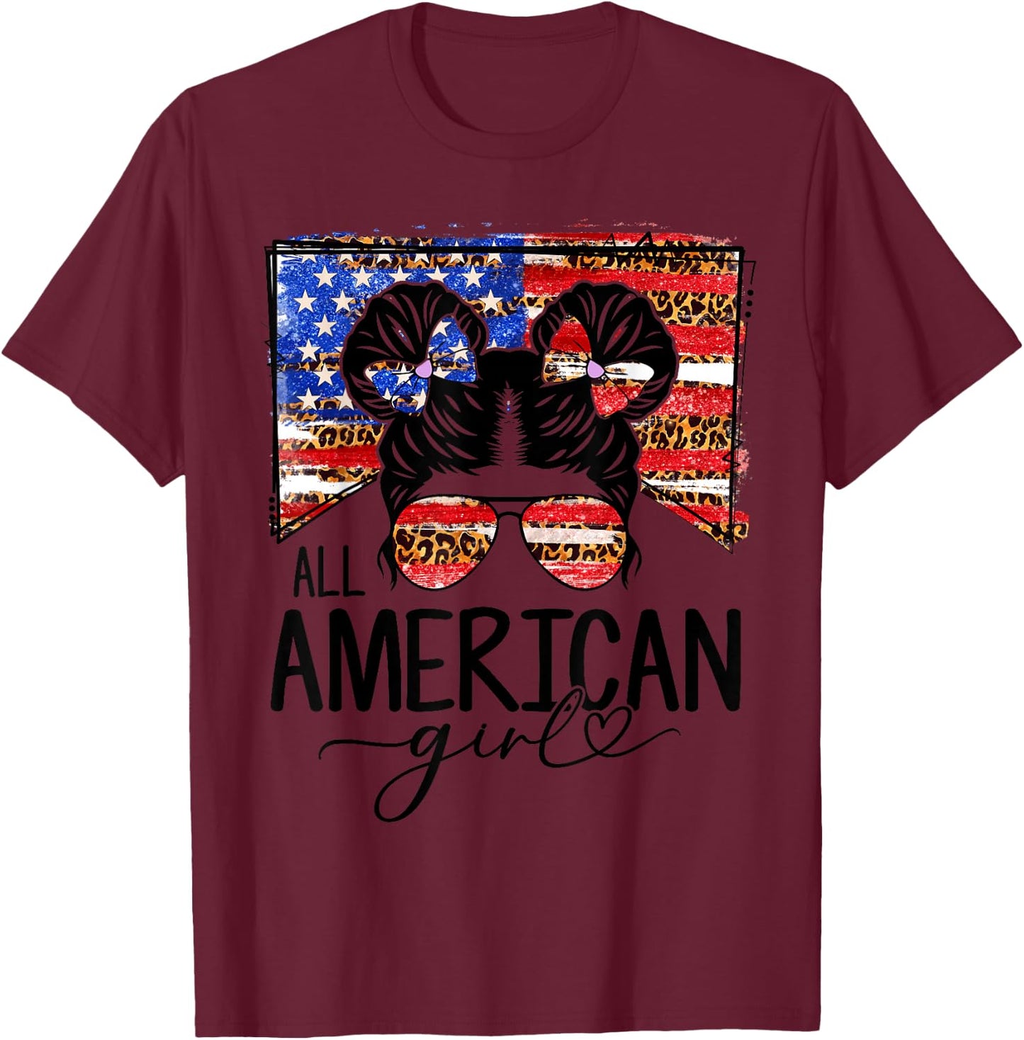 All American Girls 4th of July Messy Bun Leopard Patriotic T-Shirt - T-Shirt | Maroon