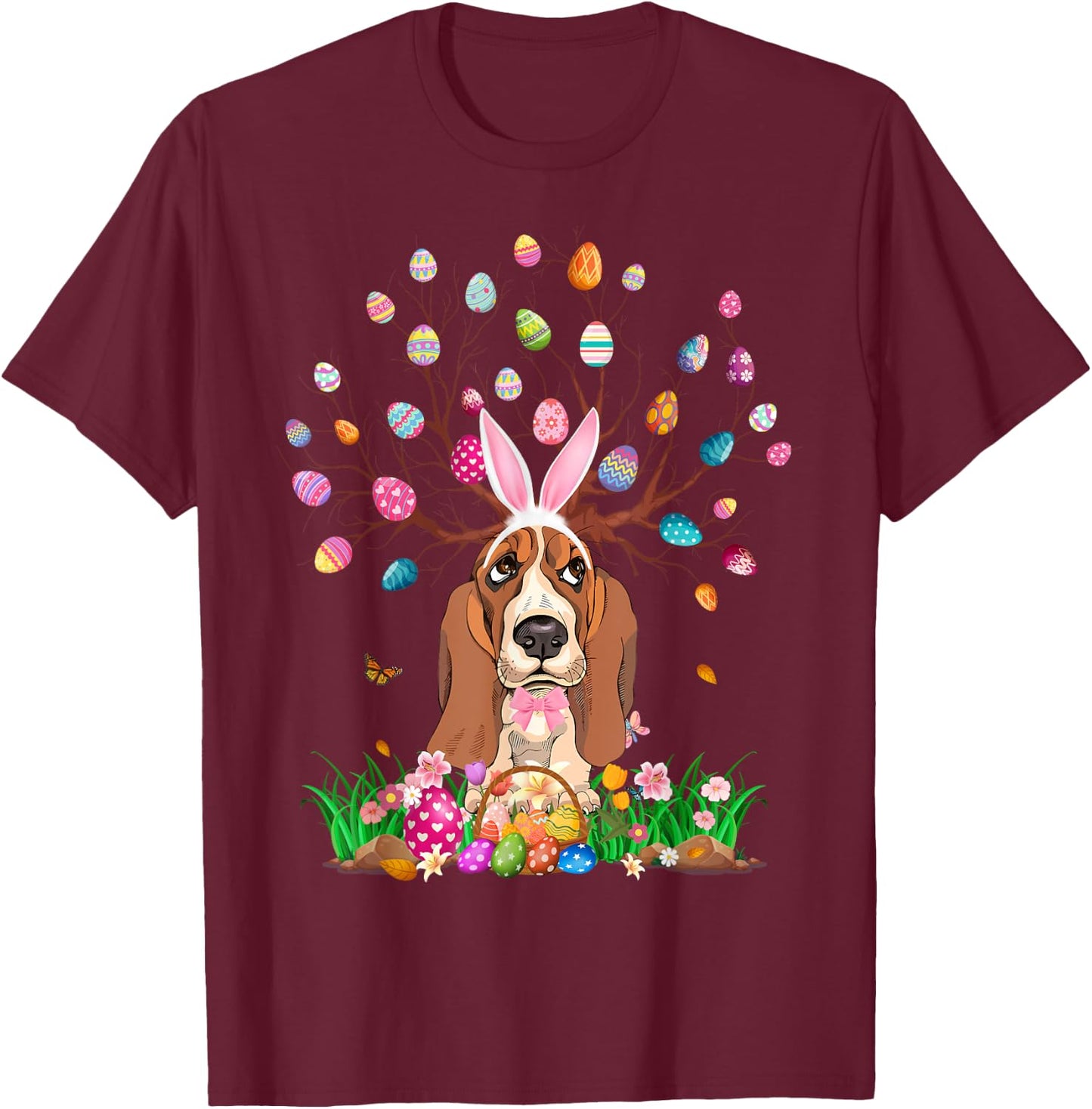 Basset Hound Dog With Bunny Ears Easter Egg Tree Easter Day T-Shirt - T-Shirt | Maroon